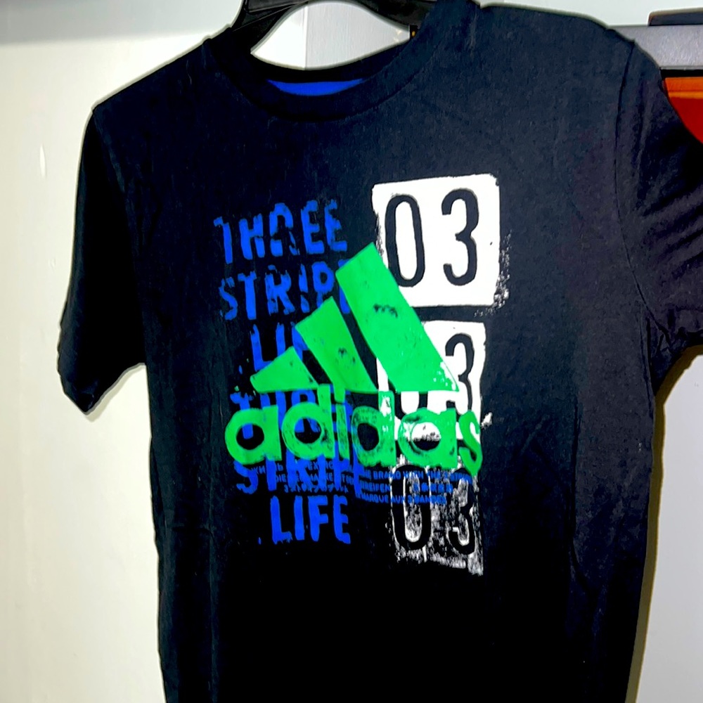 Adidas T-shirt, large black with graphic print on front